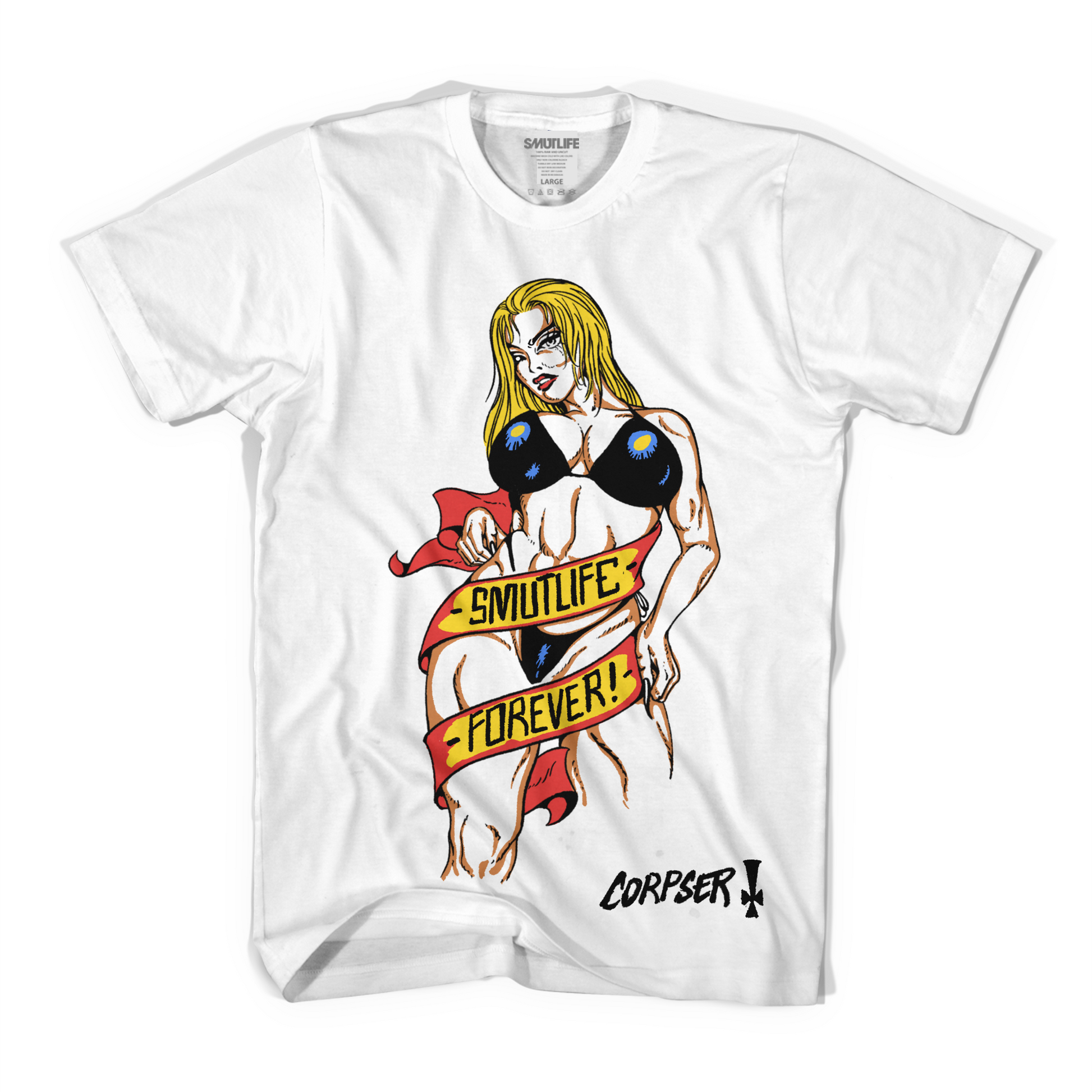 White 100% combed cotton SMUTLIFE FOREVER! T-shirt with a 4-color screen-printed blonde woman in a black bikini.