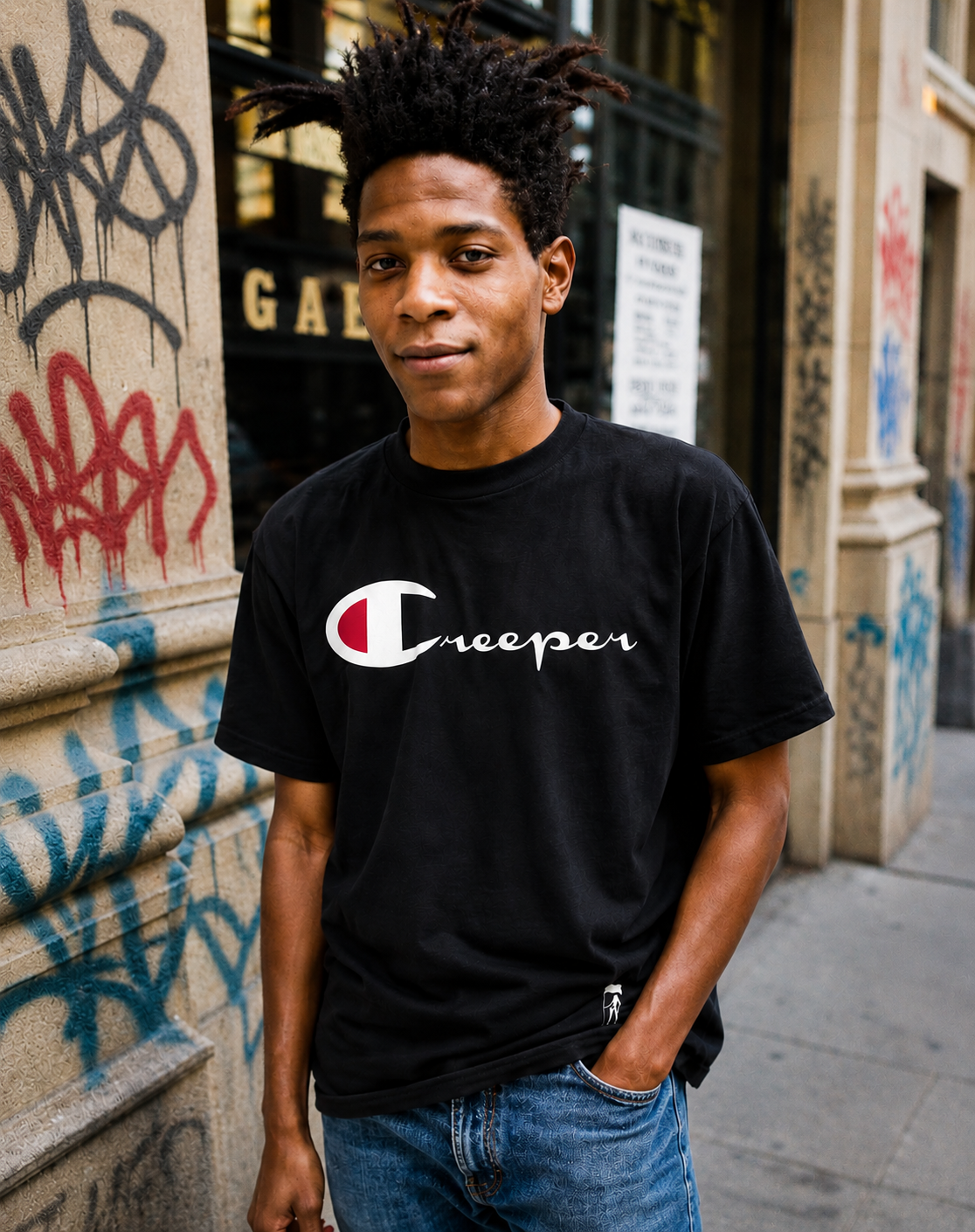 Black CREEPER Champ Tee for men, 100% combed cotton, with white and red "Creeper" logo.