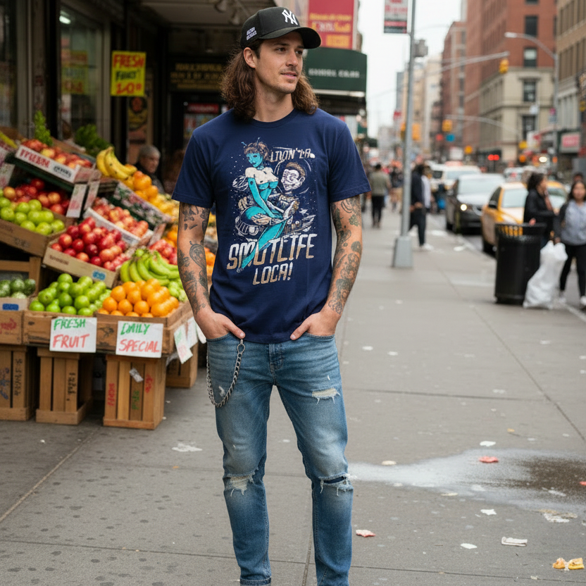 Man in navy "Livin' La SMUTLIFE Loca" alien fiend graphic tee, distressed jeans, and green sneakers.