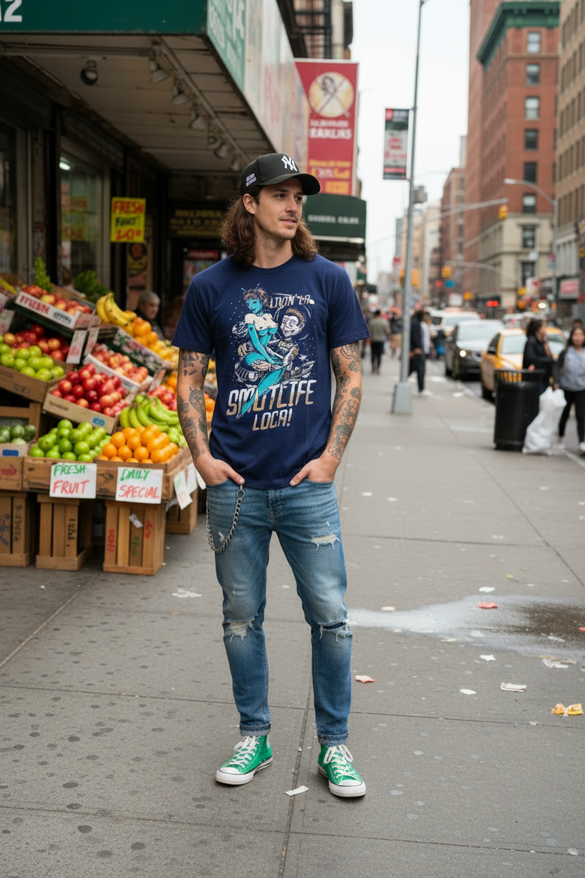 Man in navy "Livin' La SMUTLIFE Loca" alien fiend graphic tee, distressed jeans, and green sneakers.