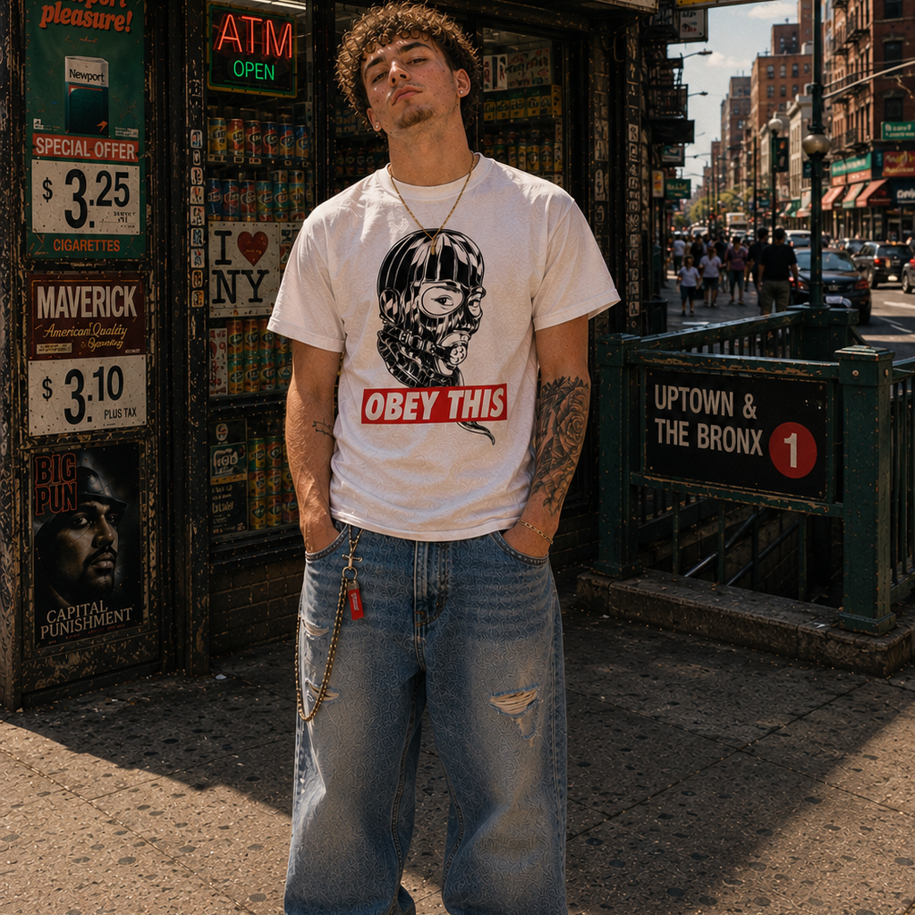 Man in white combed cotton "OBEY THIS" graphic tee with skull design, baggy jeans, and white sneakers.
