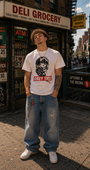 Man in white combed cotton "OBEY THIS" graphic tee with skull design, baggy jeans, and white sneakers.