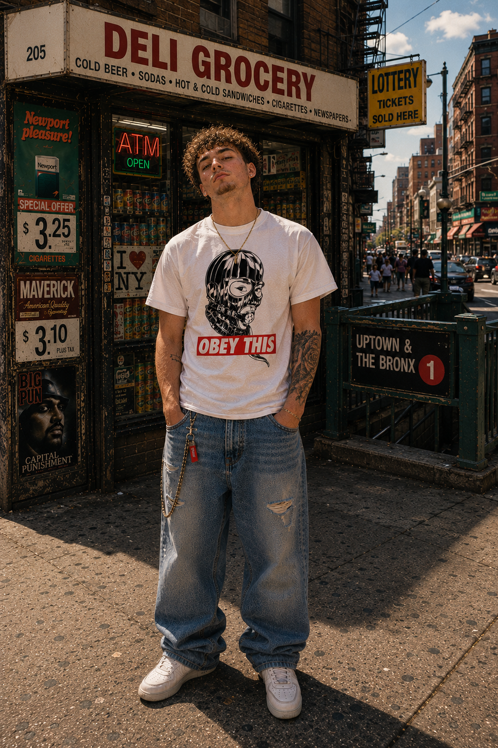Man in white combed cotton "OBEY THIS" graphic tee with skull design, baggy jeans, and white sneakers.