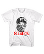 White combed cotton t-shirt with black and white masked figure graphic and red "OBEY THIS" text.