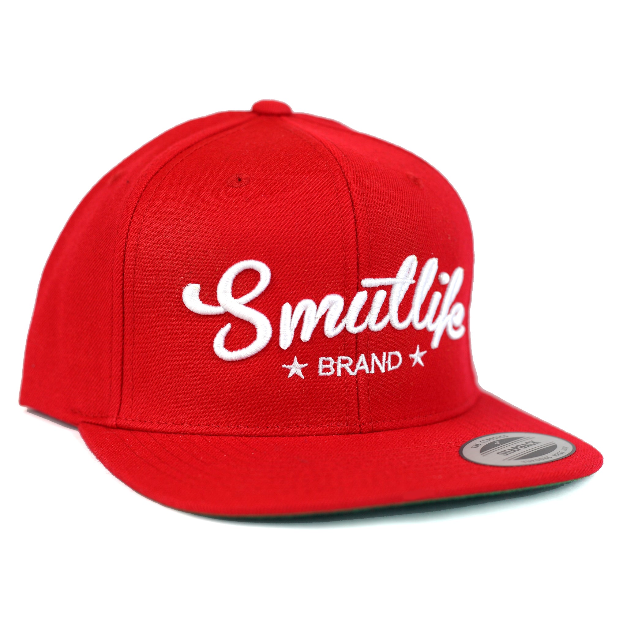 Classic Red Smutlife Tri-Star snapback baseball hat with white embroidered logo, flat brim, and adjustable fit.