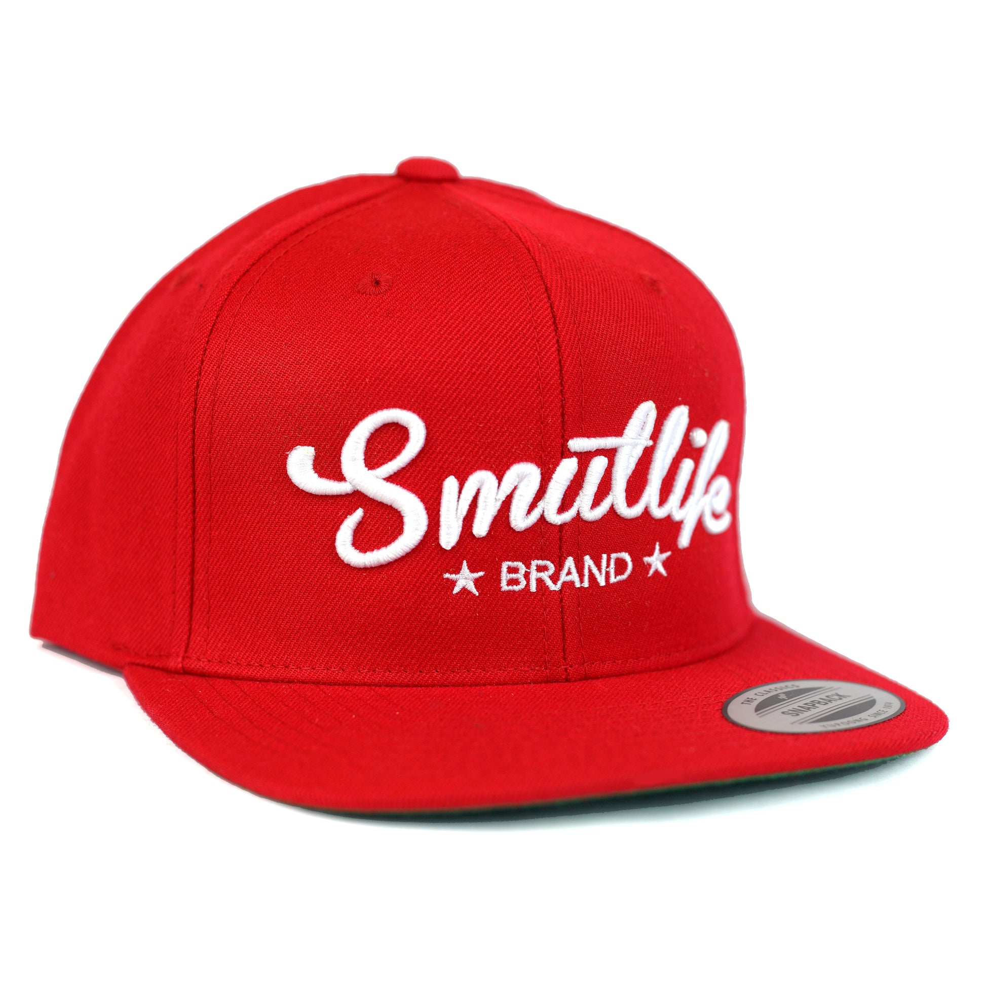 Classic Red Smutlife Tri-Star snapback baseball hat with white embroidered logo, flat brim, and adjustable fit.