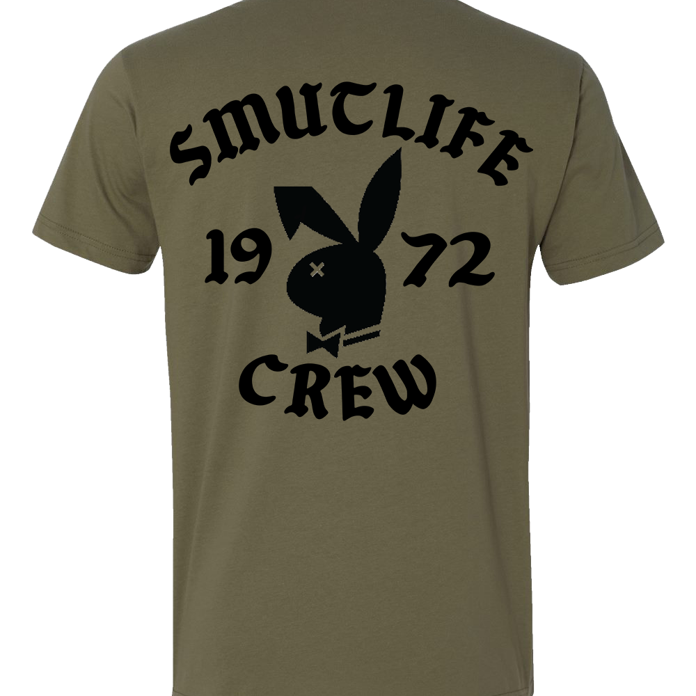 Men's army green cotton t-shirt with black "SMUTLIFE 1972 CREW" text and bunny logo on the back.