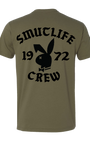 Men's army green cotton t-shirt with black "SMUTLIFE 1972 CREW" text and bunny logo on the back.