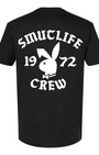 Men's black cotton t-shirt with "SMUTLIFE 1972 CREW" and a bunny logo in white on the back.