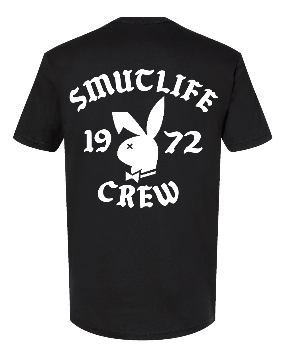 Men's black cotton t-shirt with "SMUTLIFE 1972 CREW" and a bunny logo in white on the back.