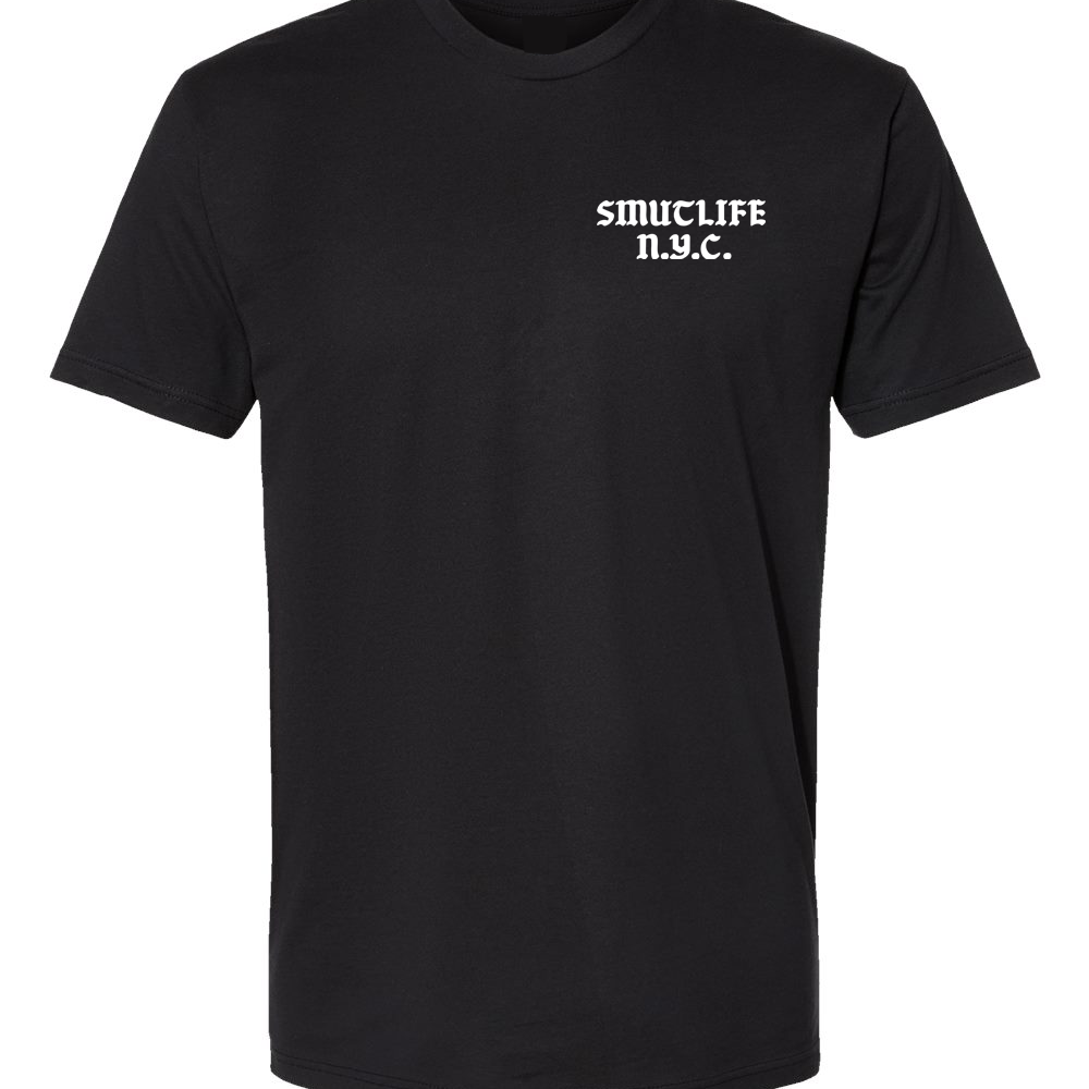 Men's black 100% combed ringspun cotton t-shirt with "SMUTLIFE N.Y.C." in white text.