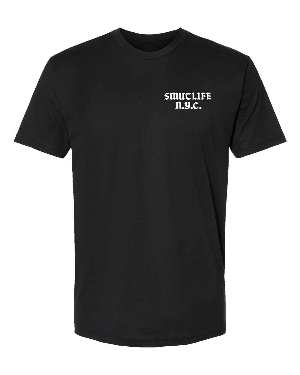 Men's black 100% combed ringspun cotton t-shirt with "SMUTLIFE N.Y.C." in white text.