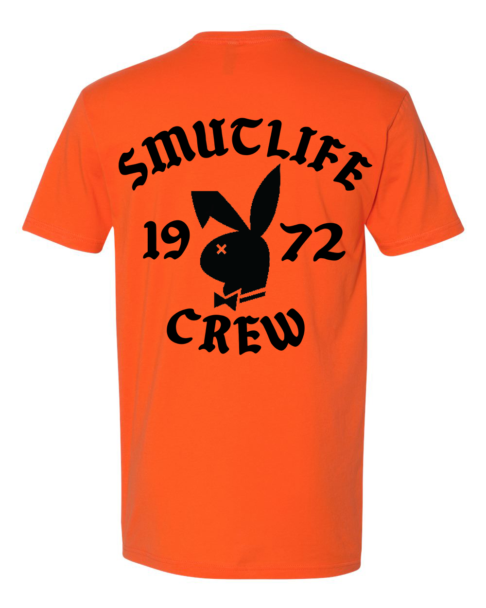 Men's tangerine cotton t-shirt with black "SMUTLIFE 1972 CREW" text and bunny logo.