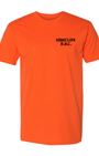 Men's tangerine 100% combed ringspun cotton t-shirt with "SMUCLIFE N.Y.C." in black text.