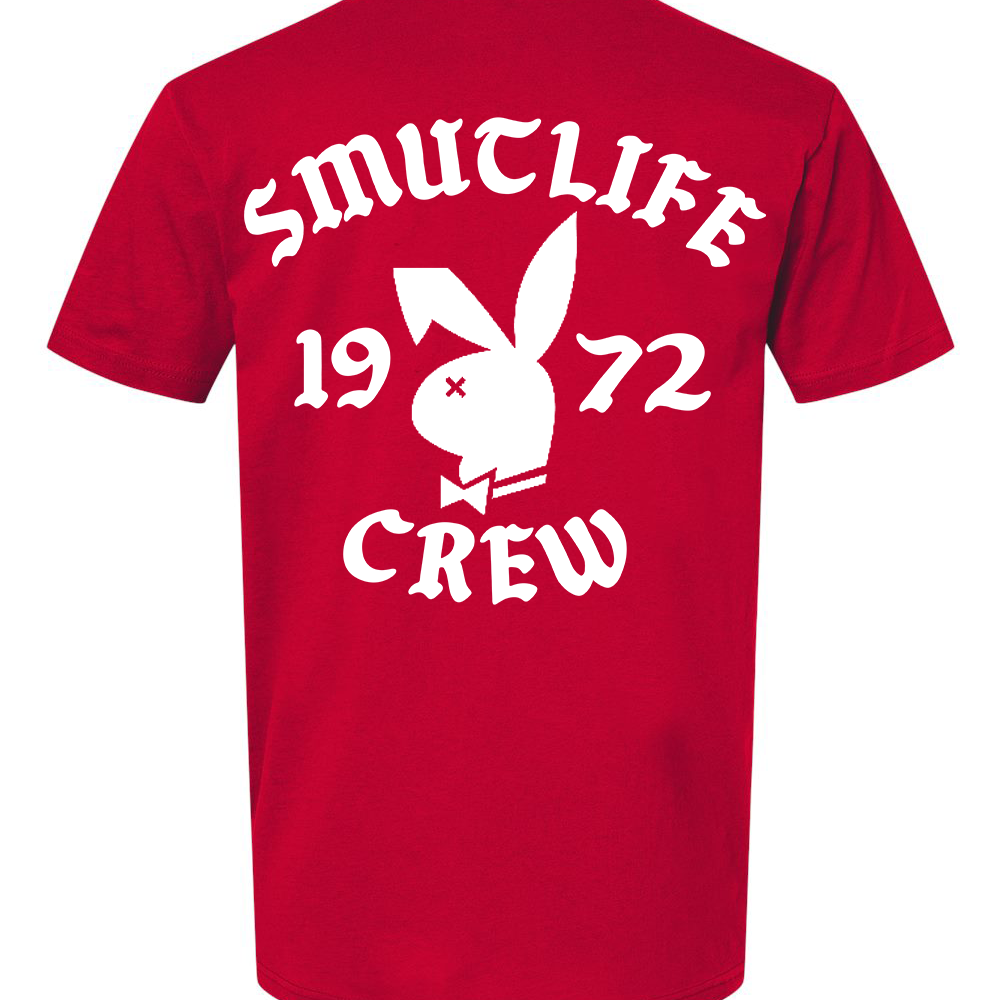 Red men's cotton t-shirt with white "SMUTLIFE 1972 CREW" text and bunny logo.