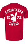 Red men's cotton t-shirt with white "SMUTLIFE 1972 CREW" text and bunny logo.