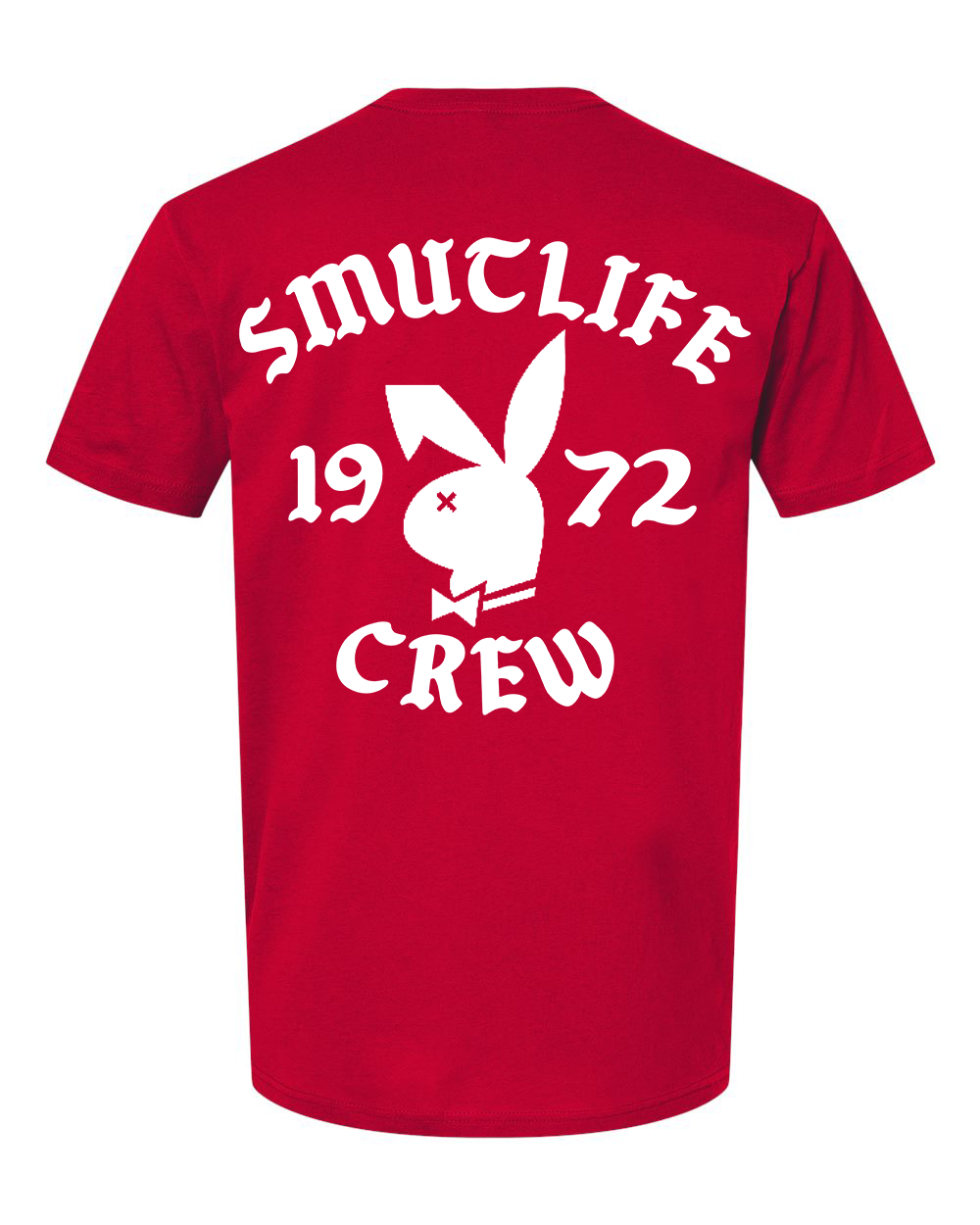 Red men's cotton t-shirt with white "SMUTLIFE 1972 CREW" text and bunny logo.