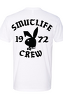 Men's white cotton t-shirt with "SMUTLIFE 1972 CREW" and a black bunny logo on the back.