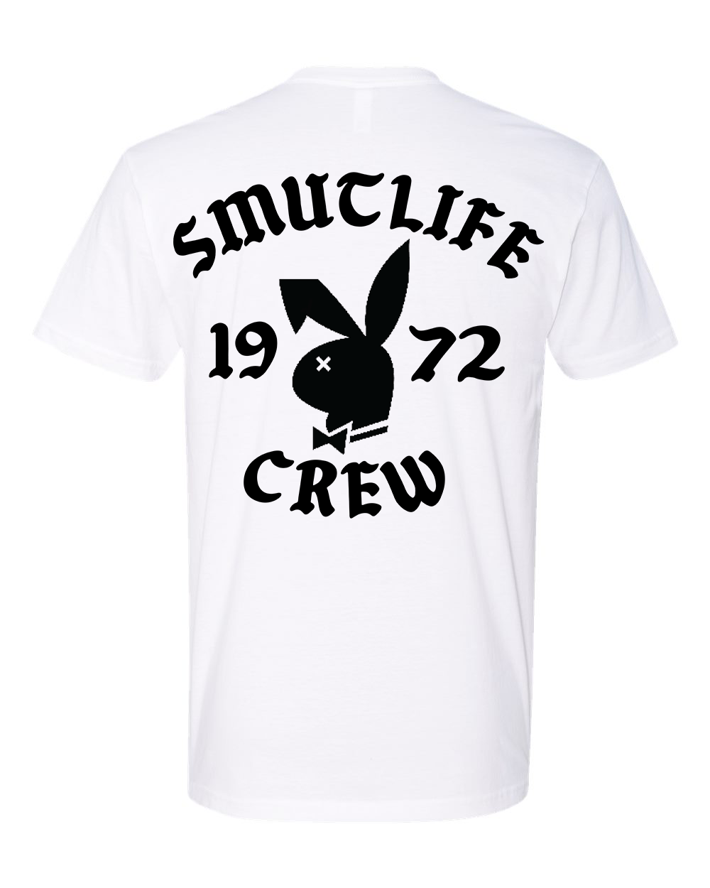 Men's white cotton t-shirt with "SMUTLIFE 1972 CREW" and a black bunny logo on the back.