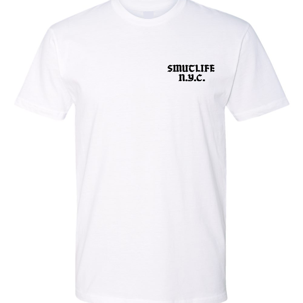 White men's combed ringspun cotton t-shirt with "SMUTLIFE N.Y.C." in black text on the left chest.