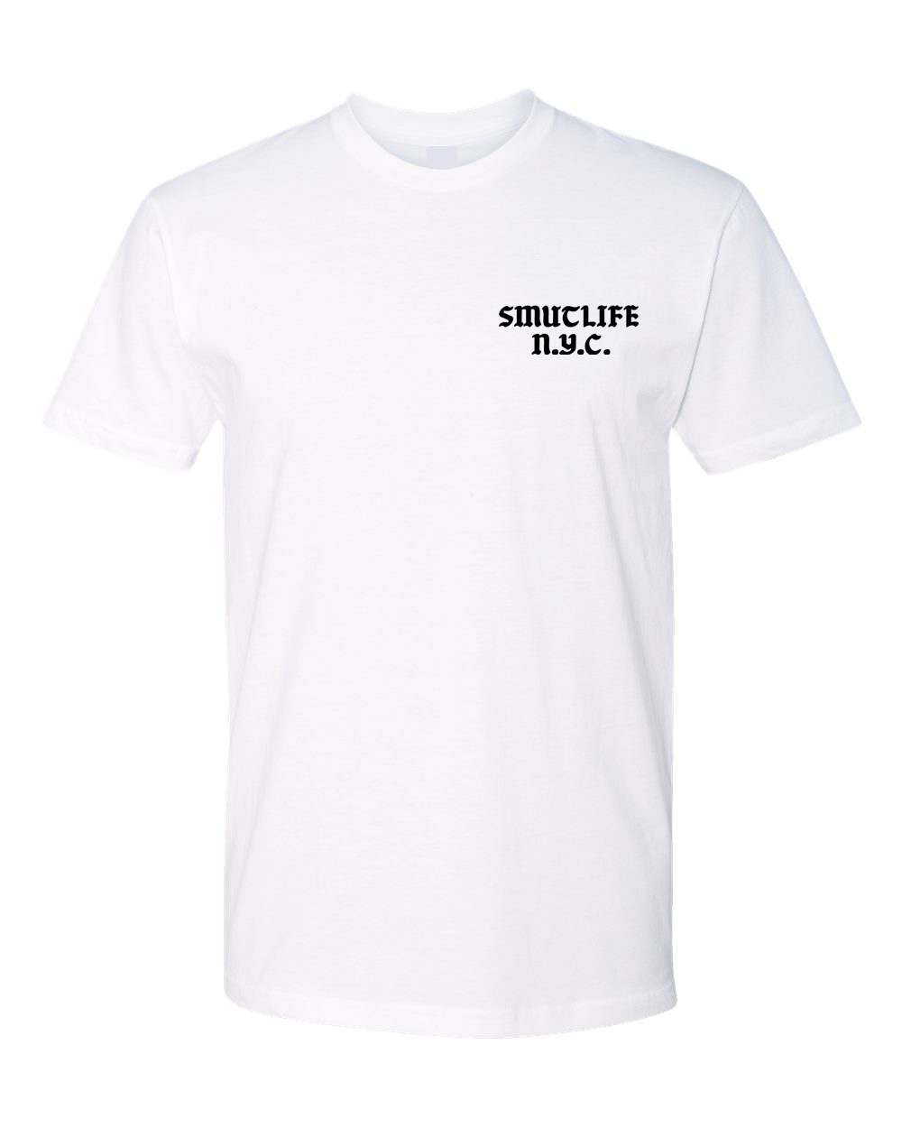 White men's combed ringspun cotton t-shirt with "SMUTLIFE N.Y.C." in black text on the left chest.
