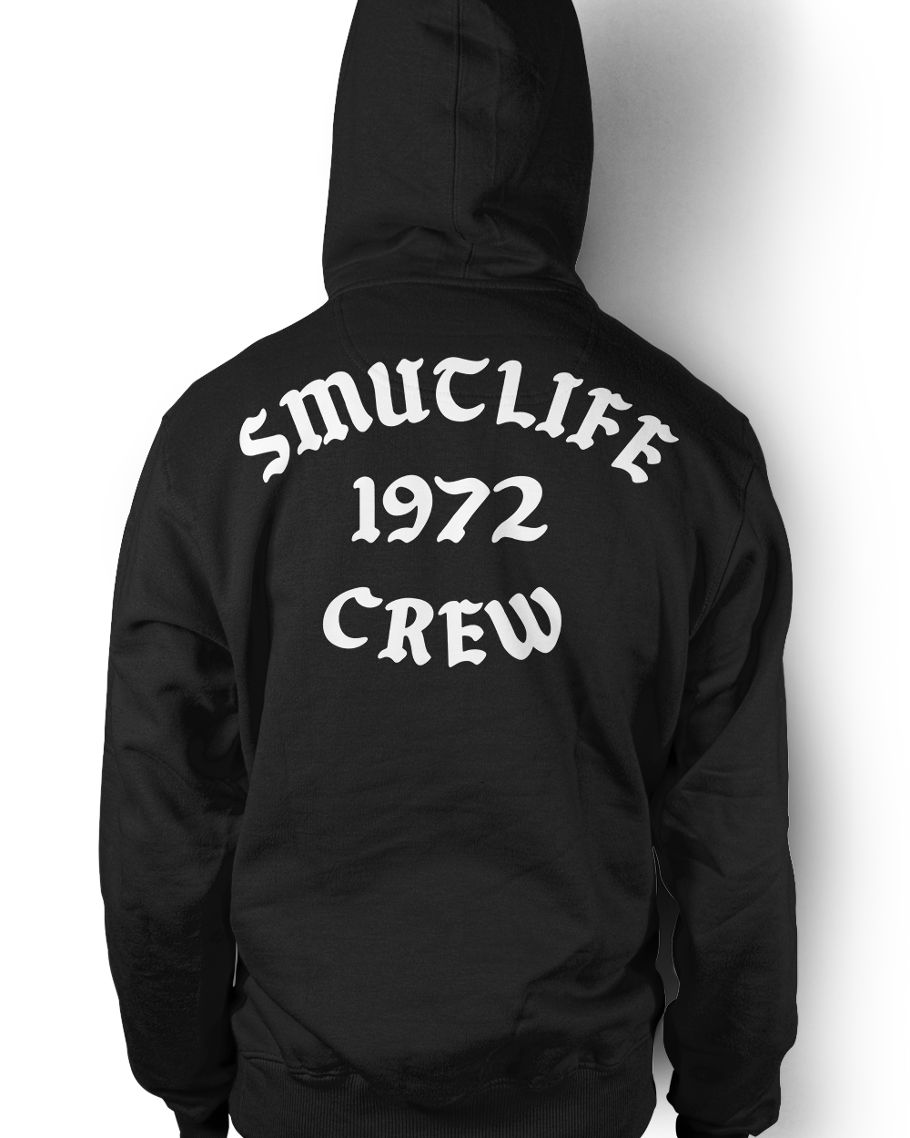 Black SMUTLIFE 1972 CREW unisex hoodie with white text on the back, heavy duty cotton.