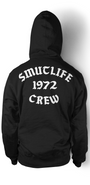 Black SMUTLIFE 1972 CREW unisex hoodie with white text on the back, heavy duty cotton.