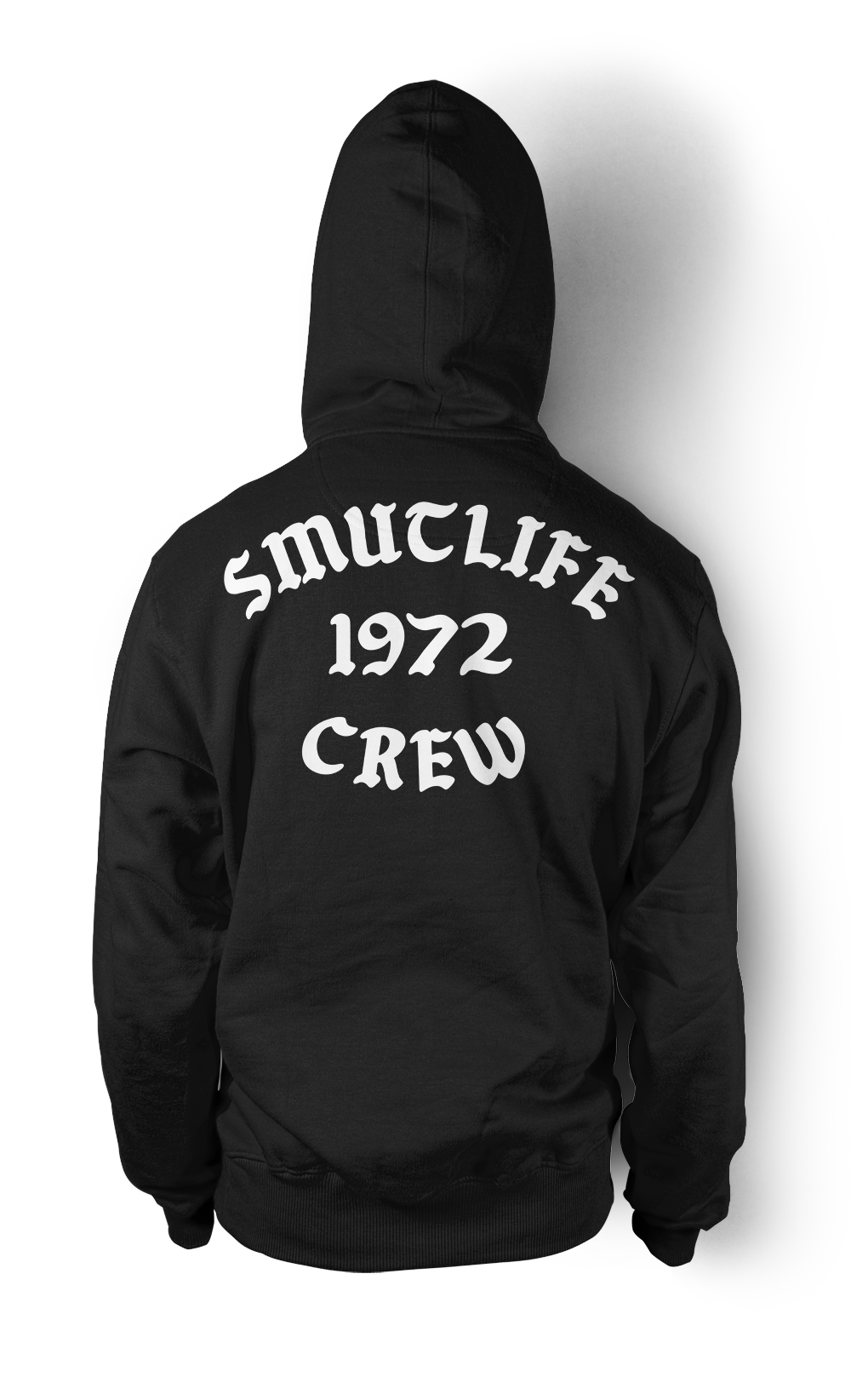 Black SMUTLIFE 1972 CREW unisex hoodie with white text on the back, heavy duty cotton.