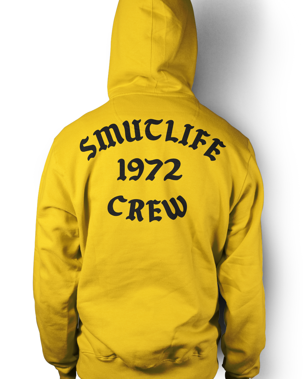 Gold SMUTLIFE 1972 CREW unisex hoodie, back view, with black gothic text on heavy 100% cotton fleece.