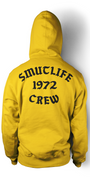 Gold SMUTLIFE 1972 CREW unisex hoodie, back view, with black gothic text on heavy 100% cotton fleece.
