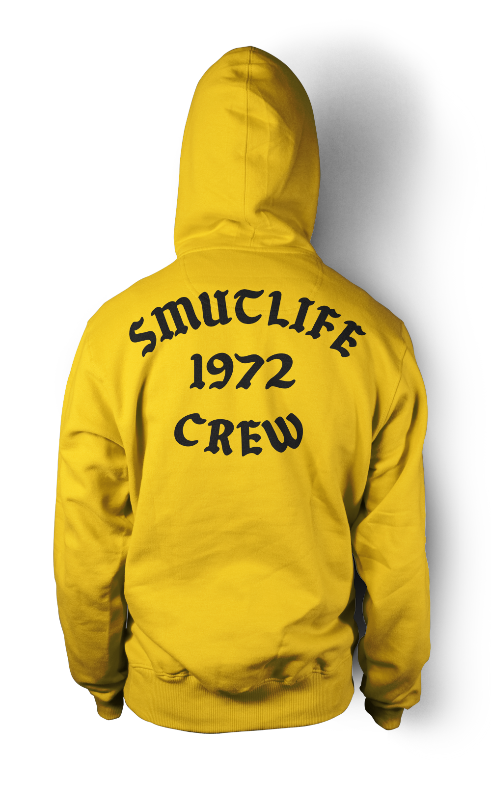 Gold SMUTLIFE 1972 CREW unisex hoodie, back view, with black gothic text on heavy 100% cotton fleece.