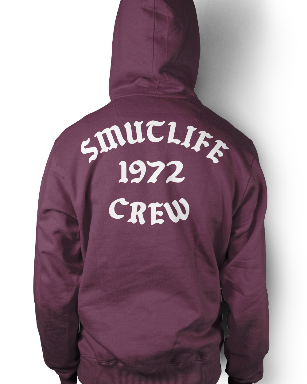 Grape SMUTLIFE 1972 N.Y.C. Unisex Hoodie, back view, with white "SMUTLIFE 1972 CREW" text.