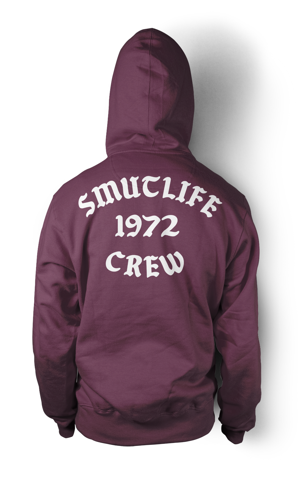 Grape SMUTLIFE 1972 N.Y.C. Unisex Hoodie, back view, with white "SMUTLIFE 1972 CREW" text.