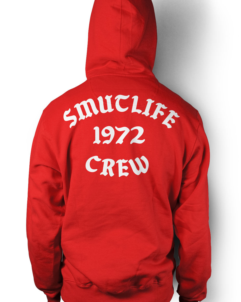 Back of a red SMUTLIFE 1972 N.Y.C. unisex hoodie with white "SMUTLIFE 1972 CREW" text.