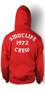 Back of a red SMUTLIFE 1972 N.Y.C. unisex hoodie with white "SMUTLIFE 1972 CREW" text.