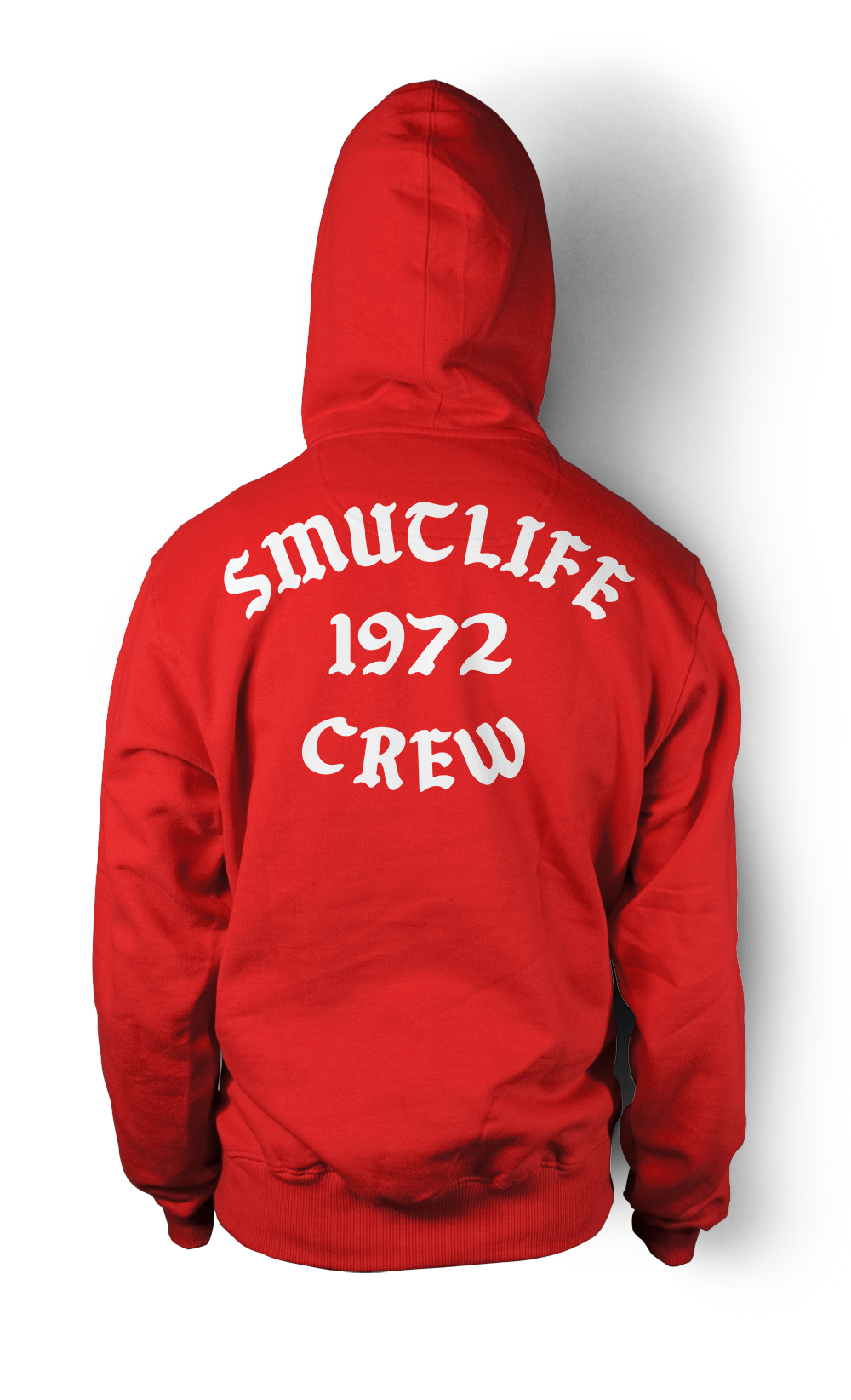 Back of a red SMUTLIFE 1972 N.Y.C. unisex hoodie with white "SMUTLIFE 1972 CREW" text.