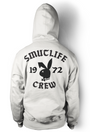 Back of a white SMUTLIFE 1972 N.Y.C. unisex hoodie with black graphic print and hood up.