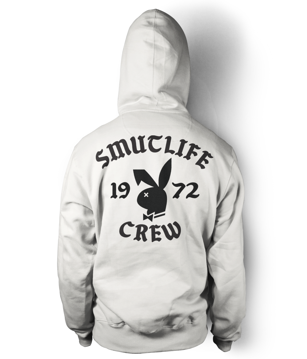 Back of a white SMUTLIFE 1972 N.Y.C. unisex hoodie with black graphic print and hood up.