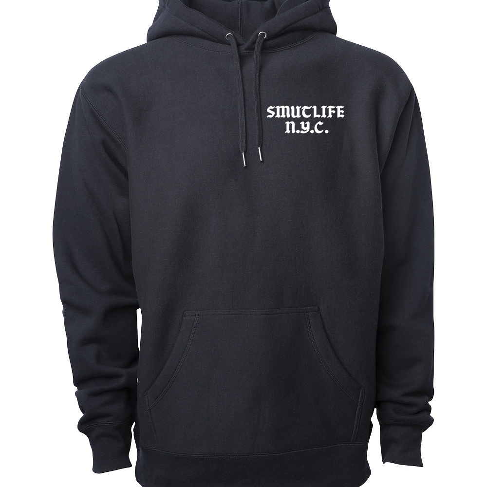 Black SMUTLIFE N.Y.C. 1972 unisex hoodie with white text, drawstring, and front pocket.