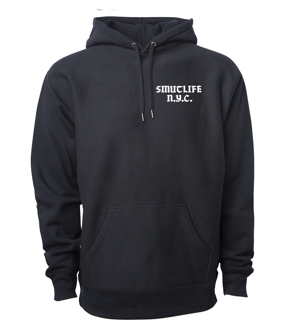 Black SMUTLIFE N.Y.C. 1972 unisex hoodie with white text, drawstring, and front pocket.