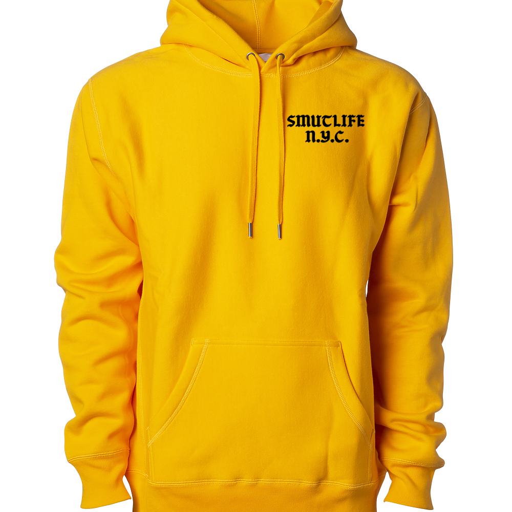 Gold SMUTLIFE N.Y.C. 1972 unisex hoodie with black text, shoestring drawcord, and front pouch pocket.