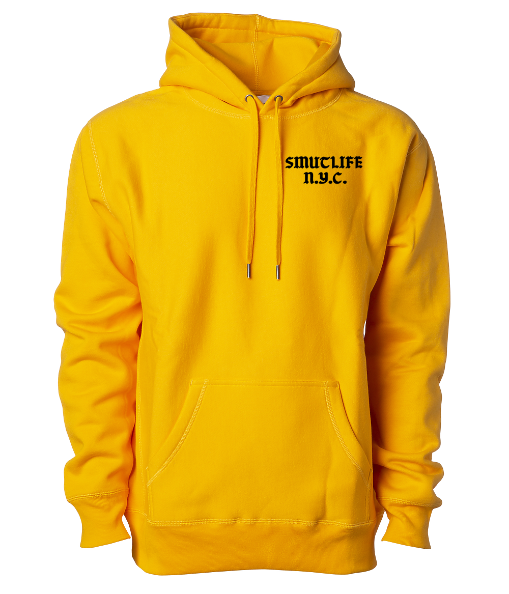 Gold SMUTLIFE N.Y.C. 1972 unisex hoodie with black text, shoestring drawcord, and front pouch pocket.