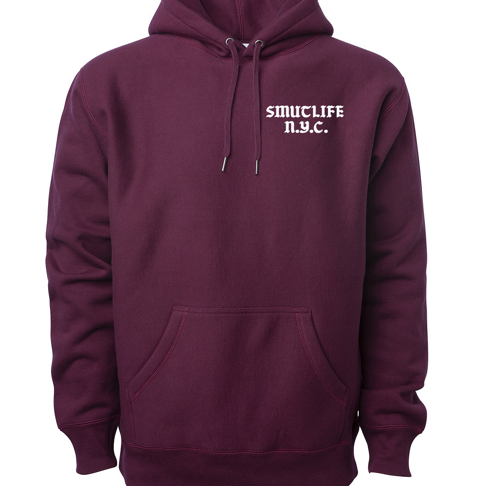 Grape SMUTLIFE N.Y.C. 1972 unisex hoodie, premium heavyweight fleece, white text, shoestring drawcord.