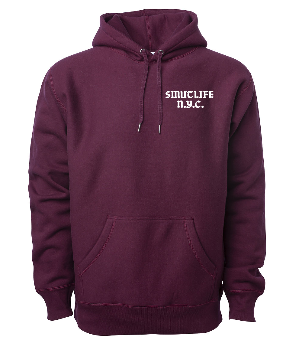 Grape SMUTLIFE N.Y.C. 1972 unisex hoodie, premium heavyweight fleece, white text, shoestring drawcord.