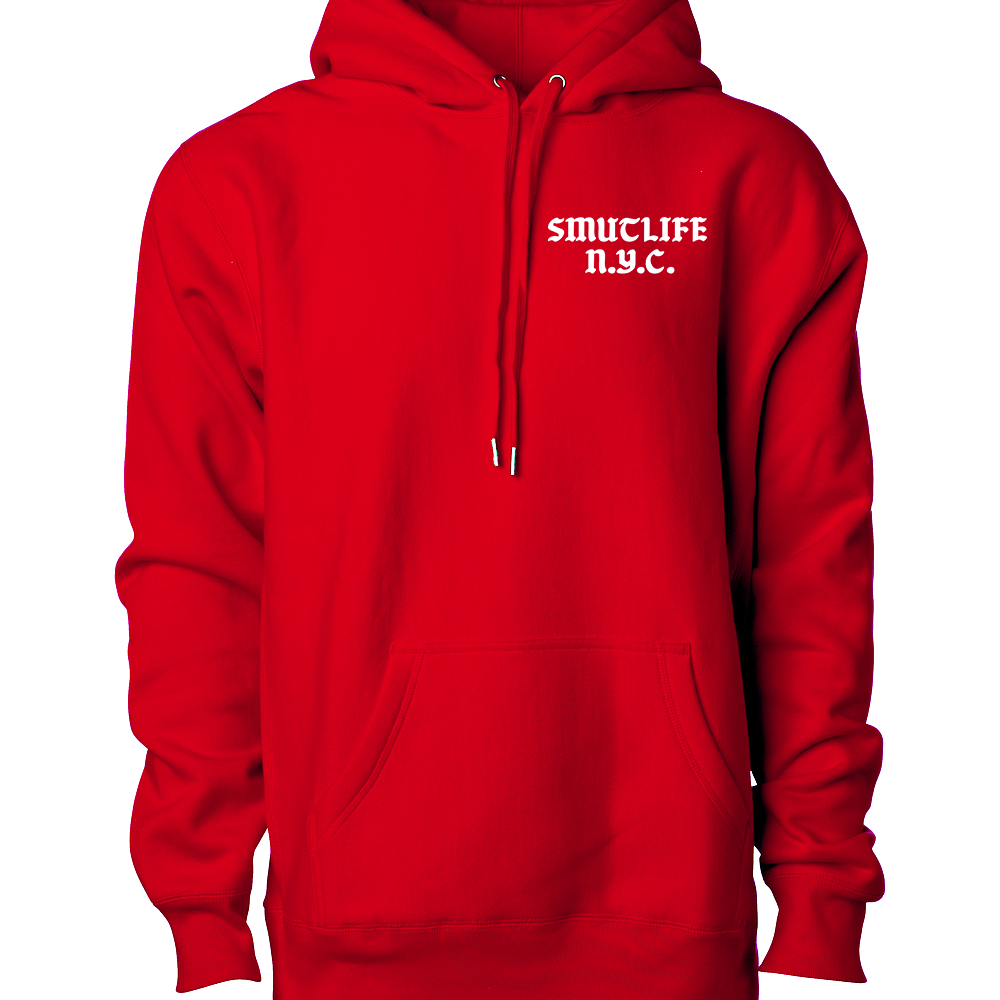 Red SMUTLIFE 1972 N.Y.C. unisex hoodie with white text, shoestring drawcord, and front pocket.
