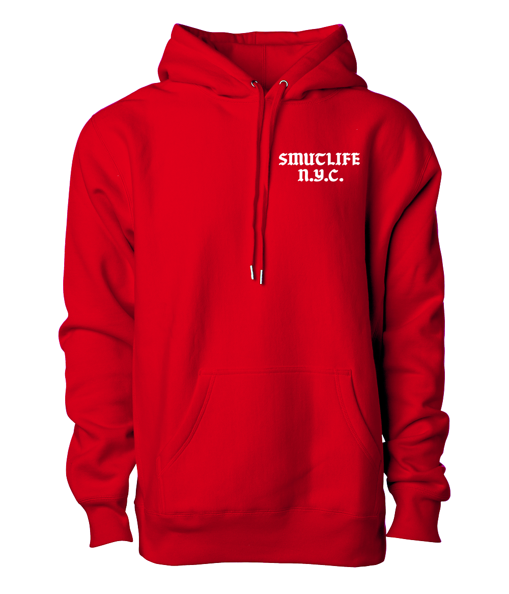 Red SMUTLIFE 1972 N.Y.C. unisex hoodie with white text, shoestring drawcord, and front pocket.
