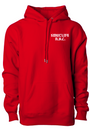 Red SMUTLIFE 1972 N.Y.C. unisex hoodie with white text, shoestring drawcord, and front pocket.