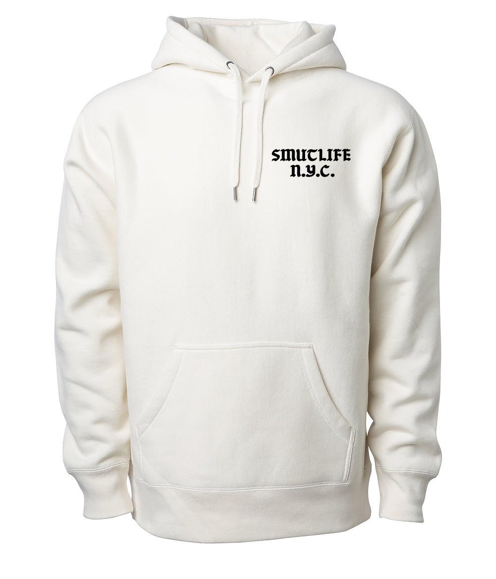 Cream SMUTLIFE N.Y.C. unisex hoodie with black text, shoestring drawcord, and front pocket.