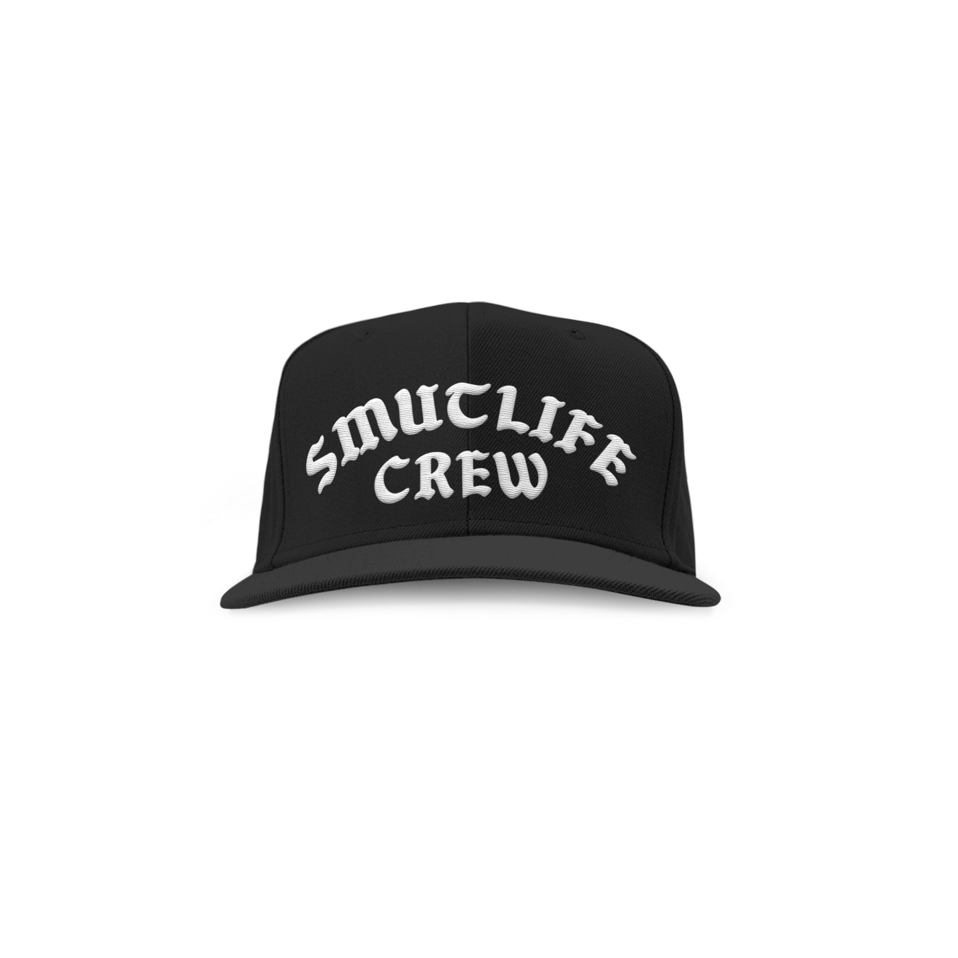 Black SMUTLIFE CREW 1972 snapback hat with white embroidered text, flat bill, and structured high-profile design.