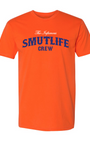 Orange premium fit crew neck t-shirt with "The Infamous SMUTLIFE CREW" in blue and white text.